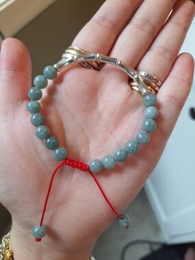 Sterling Silver Bamboo Tube Lucky Chinese Red String Burmese Jadeite Jade Bracel